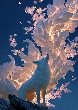 White Fox with Blossoms and Tails