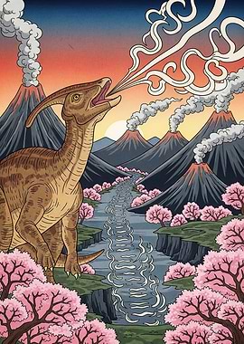 Parasaurolophus Ukiyo-e Landscape