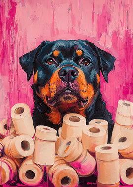Rottweiler with Toilet Paper Painting | Rottweiler bathroom poster