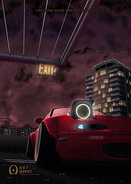 Red modified Mazda Miata under the rain