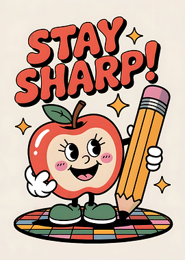 Stay Sharp! Cartoon Apple and Pencil