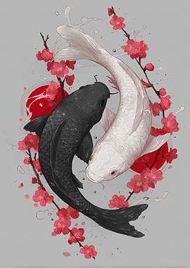 Yin Yang Koi Fish with Cherry Blossoms
