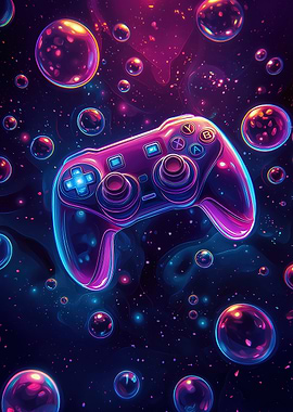 Neon Game Controller in Space Bubbles