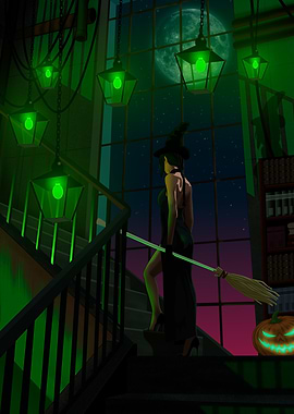 Witch on Stairs with Broom