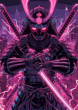 Imagination of Samurai in Neon Cityscape