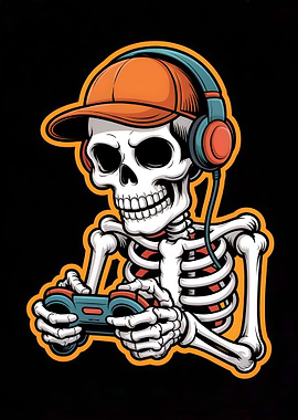 Skeleton Gamer with Cap and Headphones