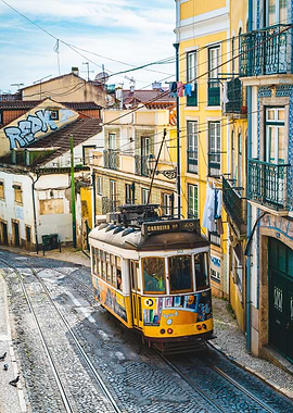 Lisbon Tram on Cobblestone Street