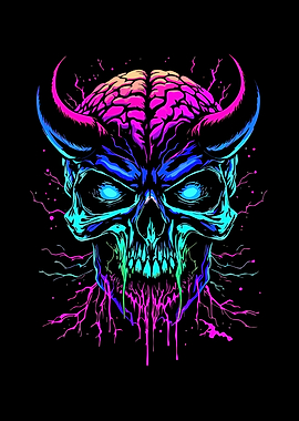 Neon Devil Skull with Brain