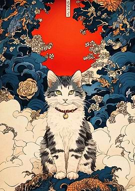 Ukiyo-e Cat Portrait with Red Sun