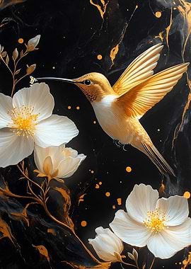 Golden Hummingbird and White Flowers Art