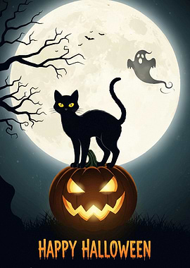 Halloween Night: Black Cat and Pumpkin Halloween2025