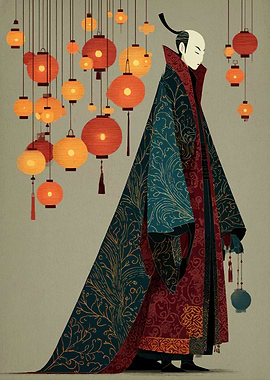 Japanese Figure with Lanterns Digital Art