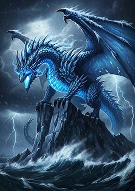 Blue Dragon on Stormy Cliff