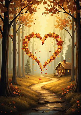Autumn Forest Path with Heart of Leaves