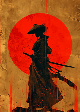 Samurai Silhouette with Red Sun