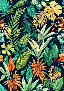 Tropical Leaves Pattern on Dark Background