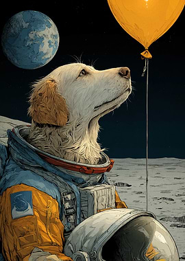 Astronaut Dog with Balloon on Moon