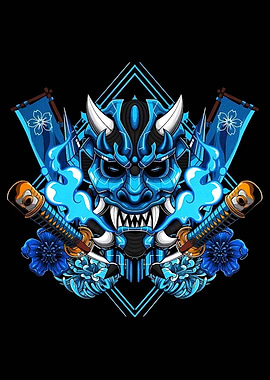 Blue Oni Mask with Swords and Flowers