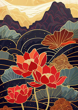 Red Lotus Flowers and Mountain