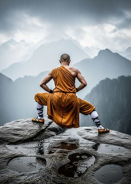 Shaolin Monk in Rain on Mountain Peak