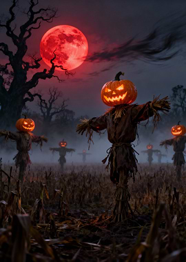 Halloween Scarecrows Under a Red Moon