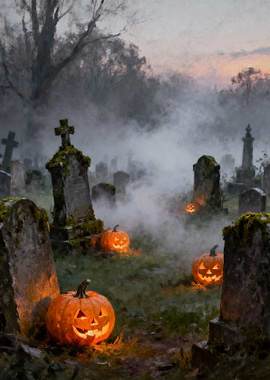 Halloween Pumpkins in a Misty Graveyard