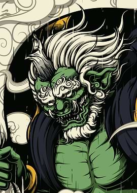 Green Oni Illustration with Clouds