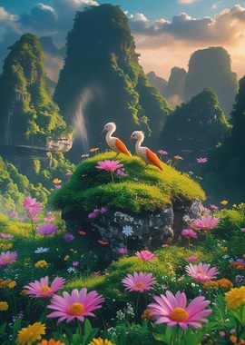 Idyllic Landscape with Birds and Flowers