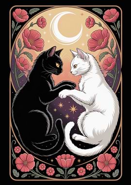 Yin Yang Cats with Moon and Flowers
