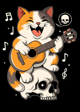 Cat playing guitar on skull