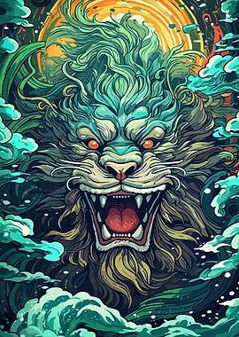 Lion with Waves and Sun