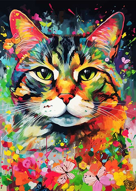 Colorful Cat Portrait with Butterflies Animal