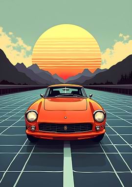 Retro Orange Car on Grid Road