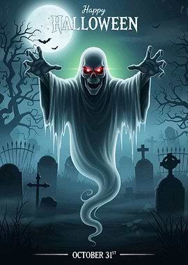 Happy Halloween Ghost in Graveyard Halloween2025