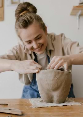 Woman shaping clay pot in studio