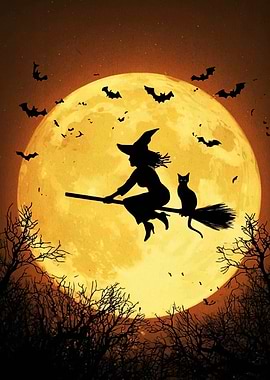 Witch and Cat Flying on Broomstick