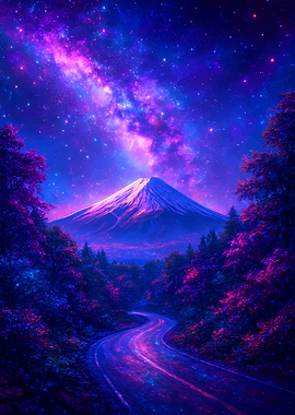 Mount Fuji Under Starry Galaxy Sky