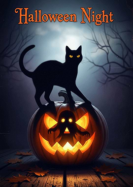 Halloween Night Black Cat Pumpkin Halloween2025
