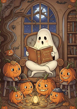 Ghost reading to pumpkins on Halloween