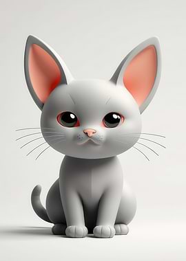 Adorable Minimalist 3D Gray Kitten with Pink Ears