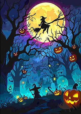 Halloween Night Witch and Pumpkins