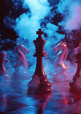 Chess Game with Smoke and Neon Lights