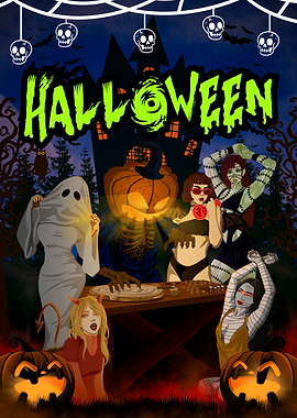 Halloween Party with Monsters and Pumpkins