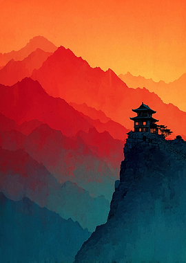 Asian Pagoda on Mountain Peak