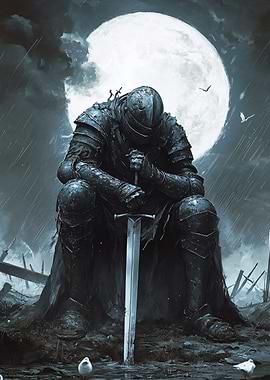 Medieval Knight in Armor Under Moonlight