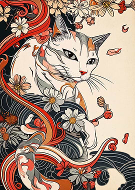 Elegant Cat with Floral Ornaments
