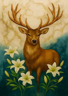 Deer with Lilies Painting