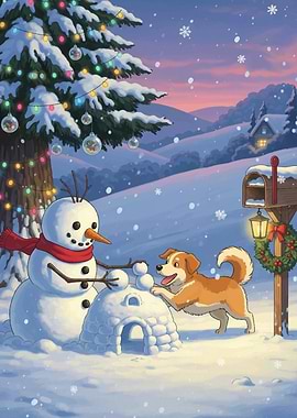 Snowy Winter Scene with Snowman and Dog