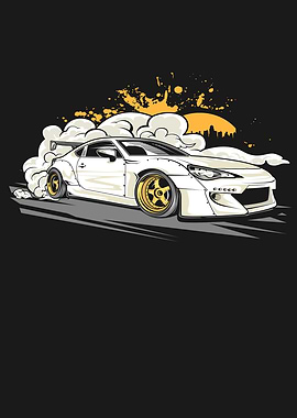 White Car Drifting with Golden Rims