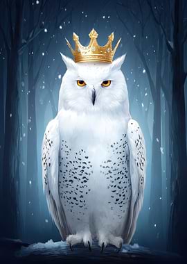 Crowned Snowy Owl in Winter Forest